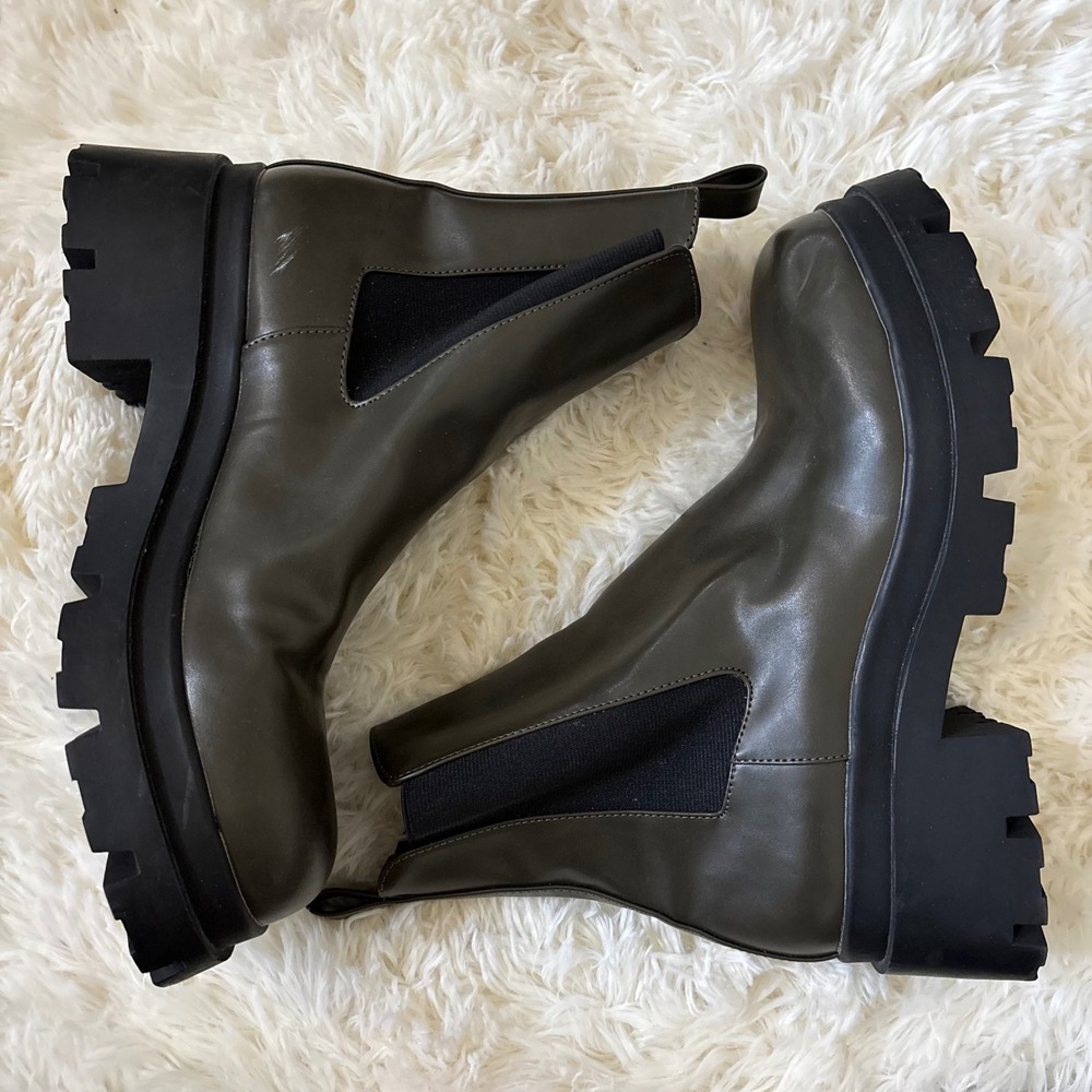 Zara Olive Green Lug Sole Chelsea Boots Platform Ankle Booties 41